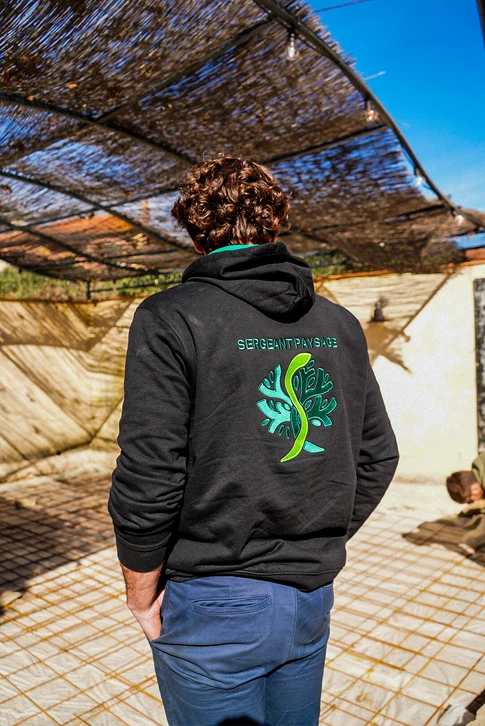 Jardinier professionnel aménageant un jardin paysager extérieur, construisant un muret en pierres naturelles