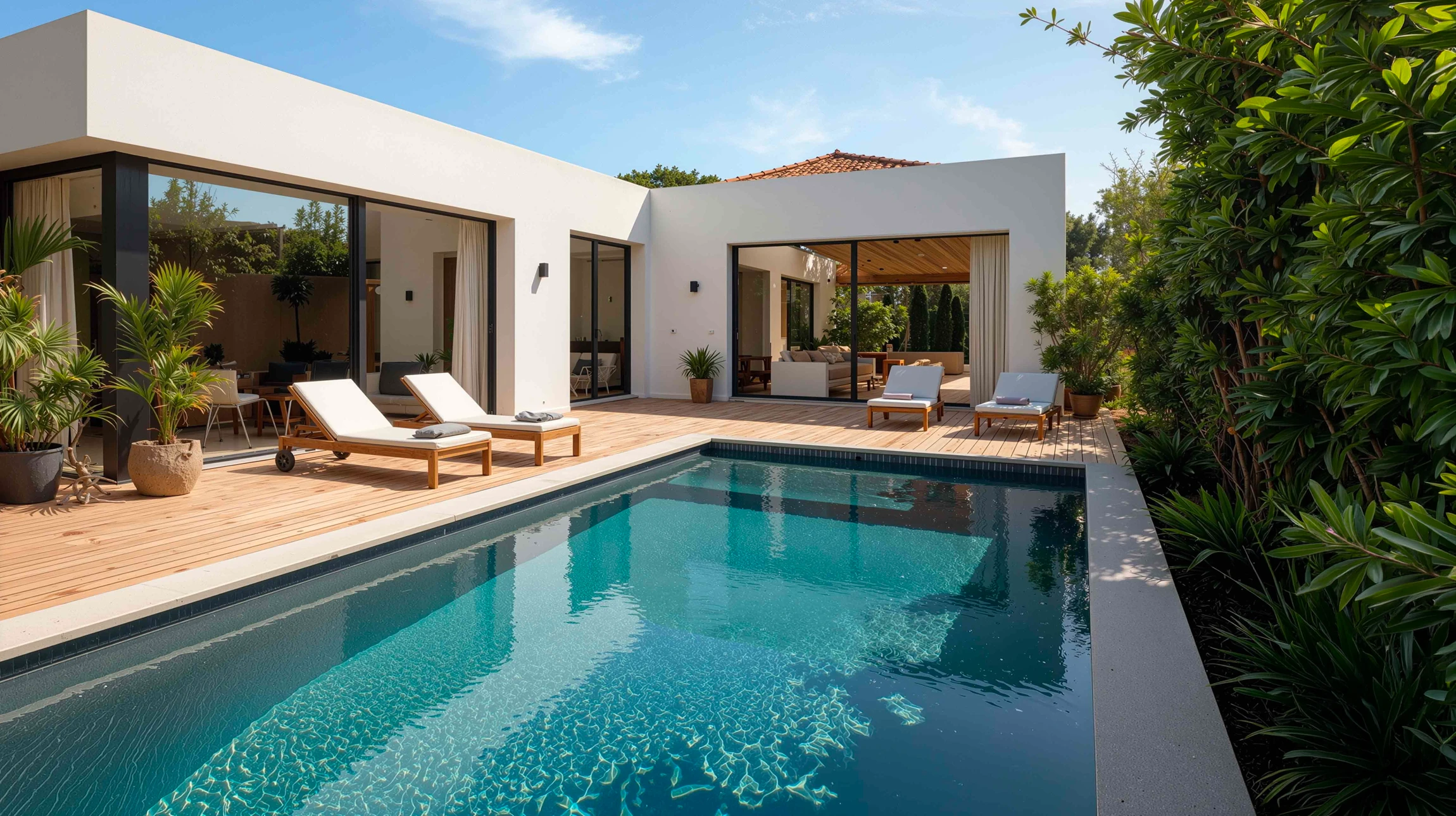 Terrasse extérieure en bois avec piscine creusée à liner bleu turquoise et échelle métallique inox