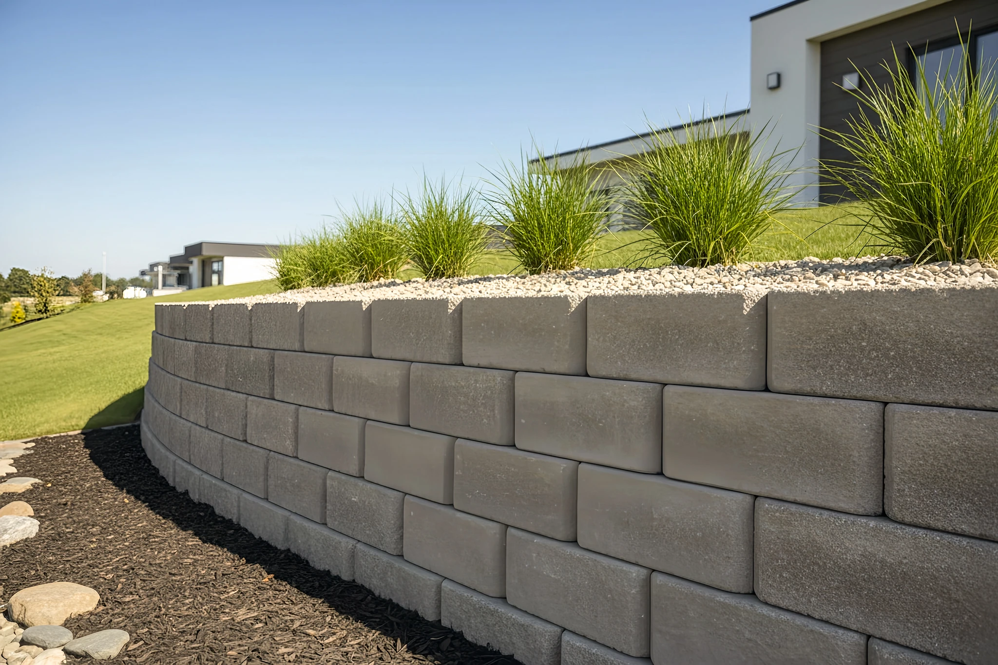 Jardin paysager extérieur avec massif rocheux aménagé, pelouse entretenue, plantation mixte de vivaces et arbustes