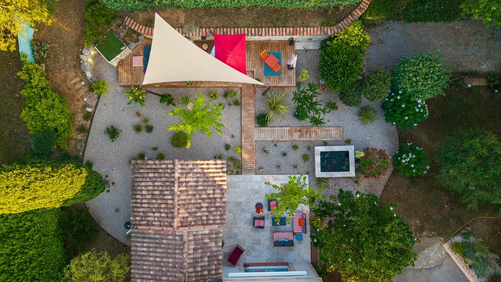 Pelouse verte dense photographiée en contre-plongée macroscopique au ras du sol